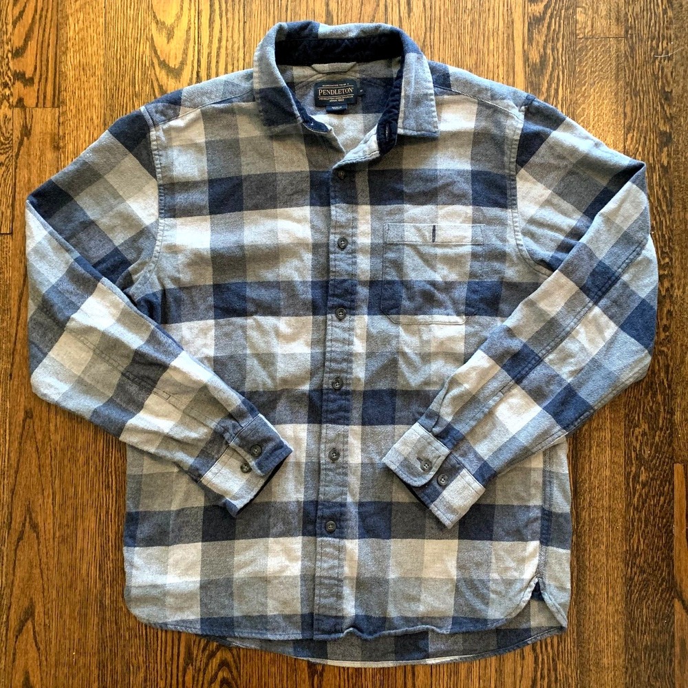 Pendleton Mens Medium Flannel Shirt Plaid Gray Blue Button Up 100% Cotton‎
